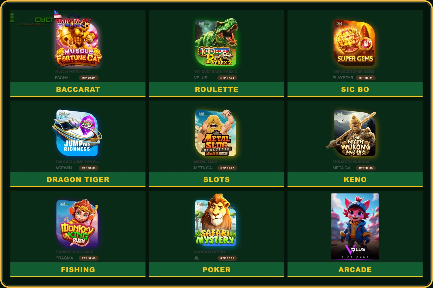 365CUCI Malaysia game grid with roulette, baccarat, sic bo, and other table titles